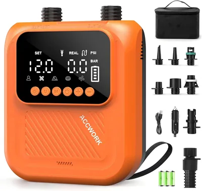 Accwork Pompa SUP Ricaricabile 20 Psi | Arresto Automatico, Gonfiare/Sgonfiare Pompa Elettrico Gonfiatore Materassi Gonfiabili