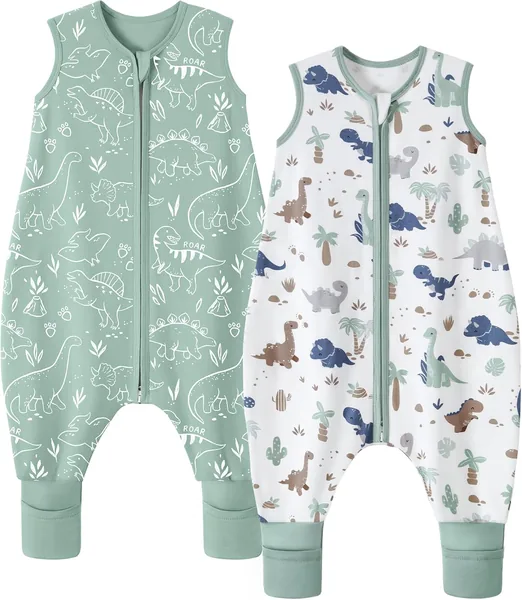 FIEMOLSaco de Dormir Bebe Verano Tog 0,5 Saco de Dormir con Piernas ni o 3-4 a os 100% Algod n Saquito de Dormir ni o con pies Dinosaurio Verde