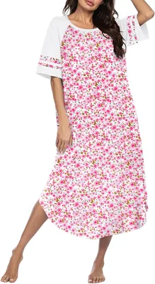 Ekouaer Nightgowns for Women - Long Cotton Gowns, Plus Size, Short Sleeve House Dress, Soft Sleep Shirts