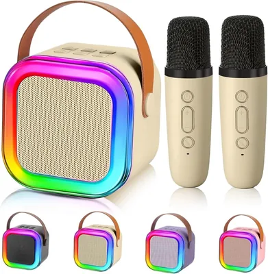CHARMDOMI Bocina y Micrófono para Karaoke, Mini Bocina Portátil con 2 Microfonos Inalámbricos para Niñas y Adultos