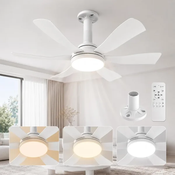 Hisummer 71cm Ventilatore da Soffitto con Luce e Telecomando, Attacco E27 Solo Base Inclusa, Montaggio Veloce