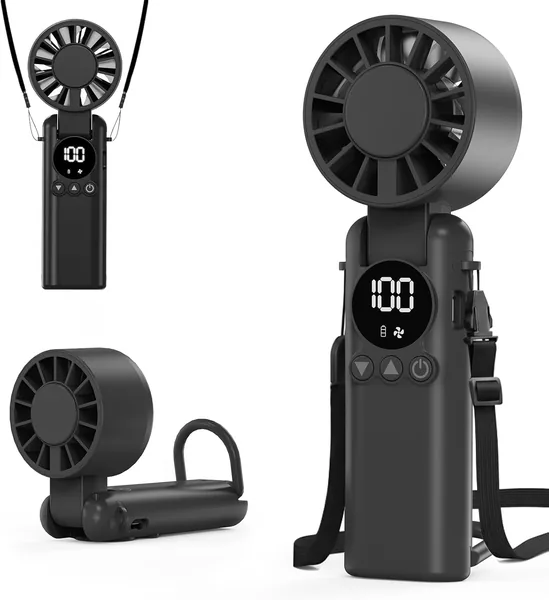AILBTON Handheld Fan, Kleines & Starkes Modell mit 6000 mAh Batterie, 1-199 Stufen, Tragbarer Nackenfan mit Band, Klappbarer Tischfan, USB C - Best Deal