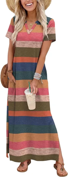 OFEEFAN Summer Dresses for Women 2026 Maxi Dress Short Sleeve Sundresses with Pockets Beach Vacation Spring Outfits