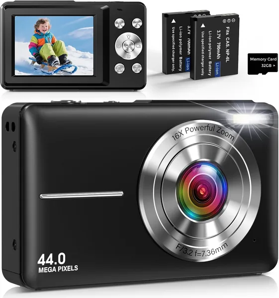 Digital Camera Compact Digital Photo Camera 44MP 1080P with 2.4" IPS Screen, 16X Digital Zoom, Anti-Shake, 32GB Card, 2 Batteries for Teens Boys, Girls Black