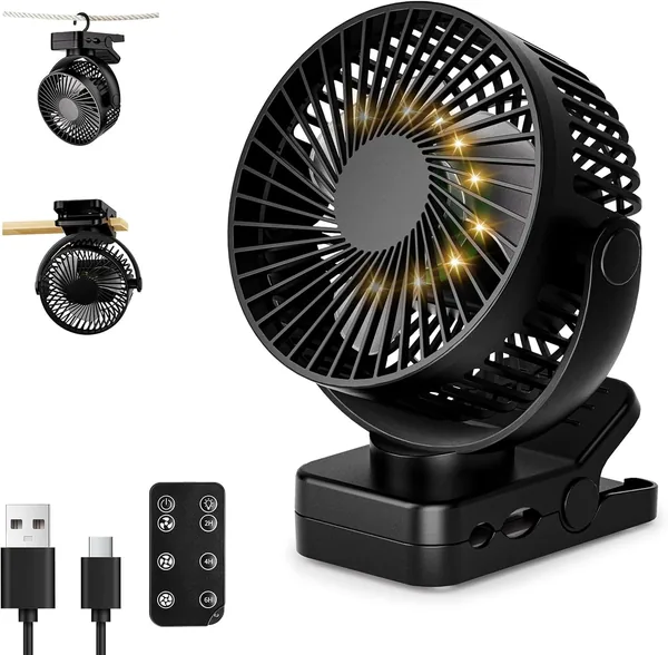ArsMotin Rechargeable Portable Fan 12000mAh with Clamp, Remote Control, 44H, Quiet, 3 Speed, LED Light, 360 , Timer