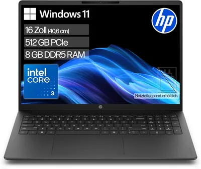 HP OmniBook 3 Laptop (16 Zoll 2K-Display, Intel Core i3, 8 GB RAM, 512 GB, Windows 11, QWERTZ) - Schwarz (45% Rabatt)