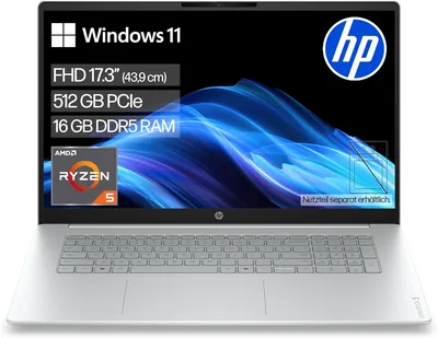 HP OmniBook 3 Laptop (17.3 Zoll FHD-Display, AMD Ryzen 5, 16GB RAM, 512GB, Win11, QWERTZ) - Silber