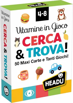 HEADU - Carte Vitamine in Cerca e Trova - 50 Carte Maxi e Molti Giochi | Carte Illustrate per Bambini 4-8 Anni, Osservazione