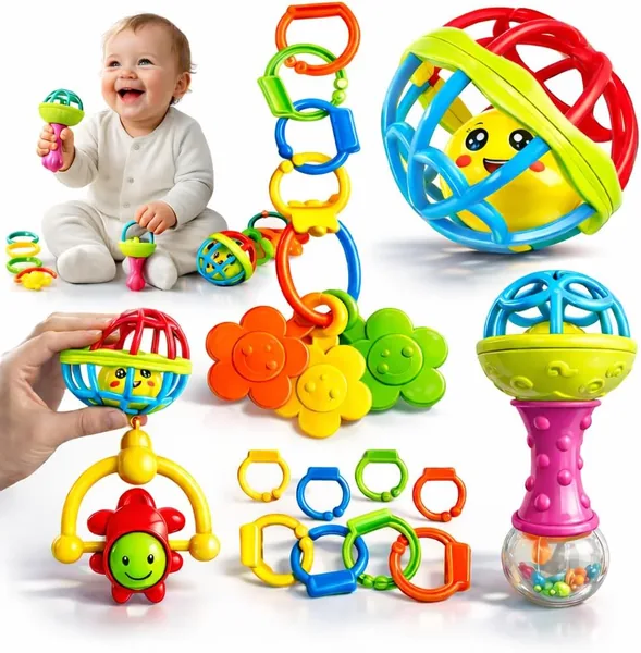 Kit Chocalho para Beb 8 Pe as Brinquedo Educativo Sensorial Mordedor Infantil Colorido Desenvolvimento Motor