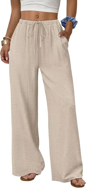 SAMPEEL Wide Leg Pants for Women Flowy Palazzo Drawstring Elastic Waist Trousers with Pockets