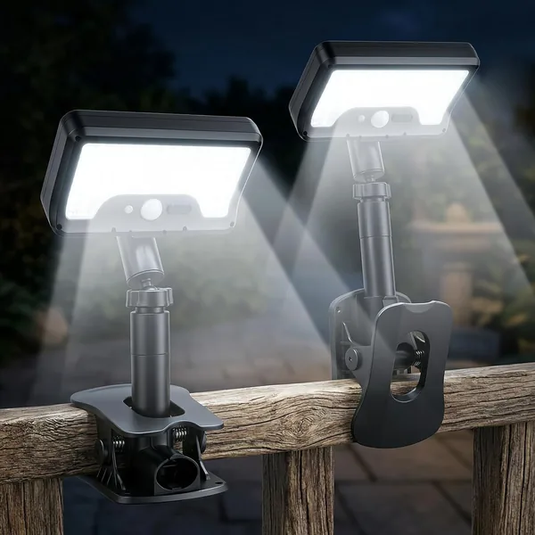 Lustaled Solar Lamp with Motion Sensor, 92 LED 6500K Outdoor Solar Lights with Clip & USB, IP65 Waterproof, 3 Modes with Twilight Sensor for Fence Terrace Garden, 2 Pieces