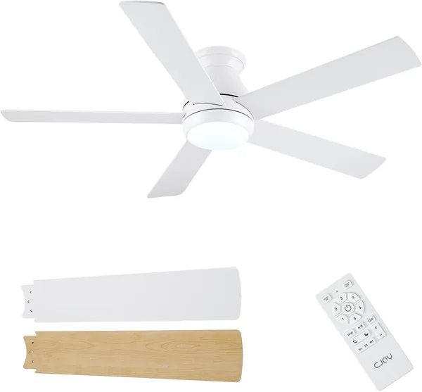 Ventilador de techo CJOY 132CM, Silencioso con luz regulable, 6 velocidades, 5 aspas DC reversibles, blanco/madera