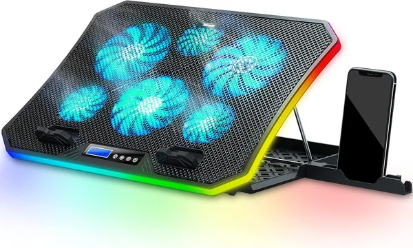 TopMate C12 Laptop Cooler RGB Gaming Notebook Cooling Pads for Desk and Lap Laptop Fan Stand 8 Height Adjustable with 6 Quiet Fans + Mobile Phone Stand for 15.6-17 Inch Ice Blue LE