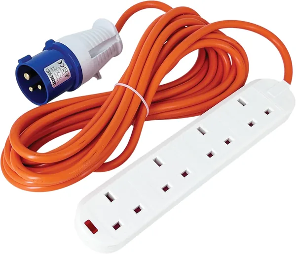 KIRFEE 6M Camping Electric Hook Up Cable - 16amp to 13amp Adapter - 4 Gang Electric Hook Up For Camping