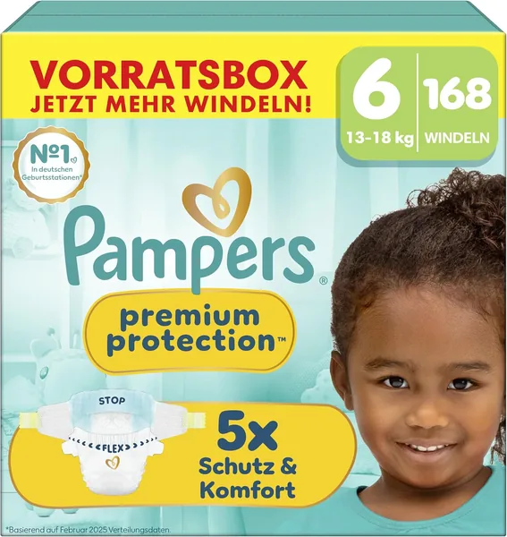 Pampers Premium Protection Gr. 6, 168 Windeln, 13-18 kg, Unsere Nr. 1 für Hautschutz und Leckageverhütung - 20% Rabatt