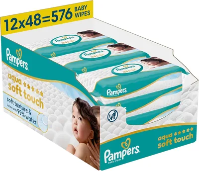 Pampers Aqua Soft Touch Chusteczki Nawilżane Dla Dzieci, 12 opakowań po 48 sztuk = 576 szt., Miękka faktura i balsam S - Najlepsza oferta