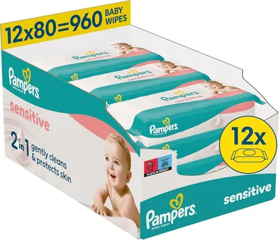 Pampers Sensitiva Babyvackor 12 Paket med 80 vackor = 960 babyvackor 2-i-1 gentel klädnad och hudskydd