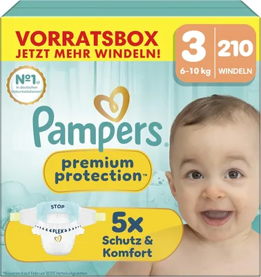 Pampers Premium Protection Größe 3, 210 Windeln, 6-10 kg, Unsere Nr. 1 für Hautschutz und Leckagevorbeugung - 37% Rabatt