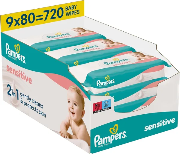 Pampers Sensitive Chusteczki Nawilżane Dla Dzieci, 9 opakowań po 80 chusteczek = 720 sztuk, 2 w 1 łagodne oczyszczanie i ochrona