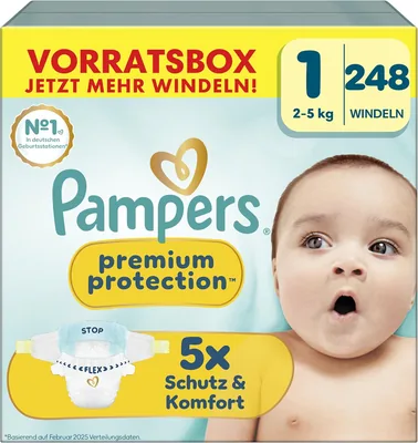 Pampers Premium Protection Windeln Größe 1, 248 Stück, 2-5 kg, Mit unserer Nr. 1 Haut- und Leitungsschutz
