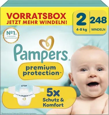 Pampers Premium Protection Windeln Größe 2, 248 Stück, 4-8 kg, Unsere Nr. 1 für Hautschutz und Leckageverhütung - 20% Rabatt