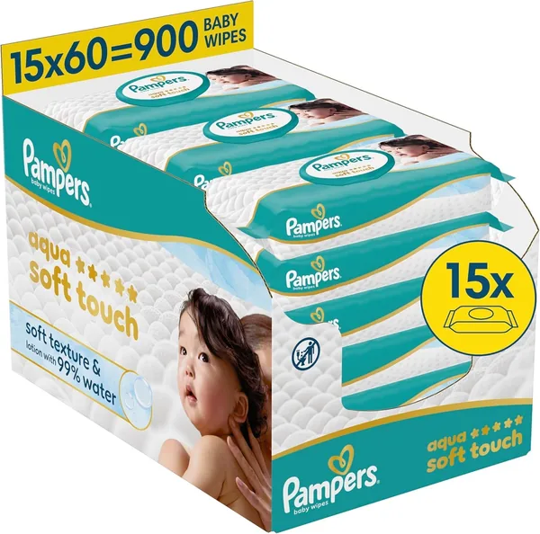 Pampers Aqua Soft Touch Baby Wipes, 15 Packs of 60 Wipes