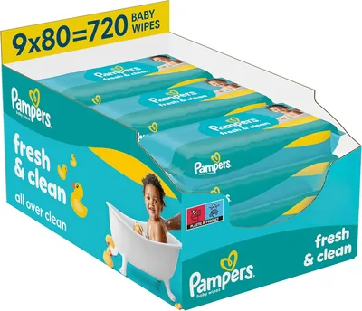 Pampers Fresh Clean Chusteczki Nawilżane Dla Dzieci, 9 opakowań po 80 sztuk = 720 szt., Oczyszczanie całego ciała - Najlepsza cena