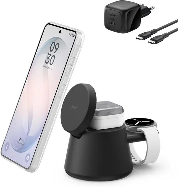 Belkin UltraCharge Bezprzewodowa Stacja Ładowania 3 w 1 z Portem USB-C, Kompatybilna z Smartwatchami (Bez Wbudowanej Ładowarki dla Zegarka), Ładowarka Magnetyczna