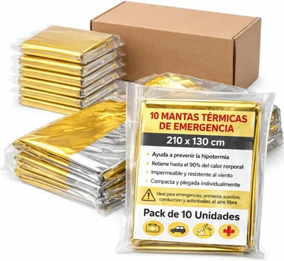 10 Pack Fleurs de Tempête Thermiques, Couverture de Survie Double Face Aluminée Or/Argent 210 x 130 cm, Prévention de l'Hypothermie - Meilleures Affaires