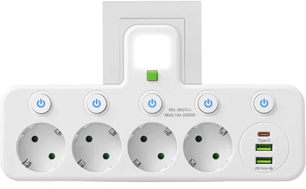 Soporte para enchufe Thief Flat con USB-C, 8 en 1 con interruptor independiente, luz nocturna y 4 salidas AC de 2500W