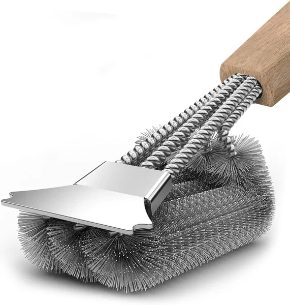 Barbecue Brush with Wooden Handle, Grill Cleaning Brush, Stainless Steel Scraper, Dense Stainless St