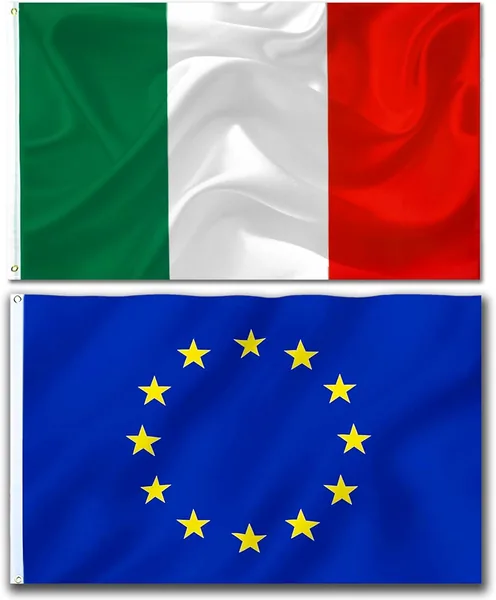 Flags Italy and European Union 90 x 150 cm - Set of 2 with 2 Metal Eyelets, Italian Flag and EU Flag in Durable Polyester for Outdoors, Balcony and Official Events