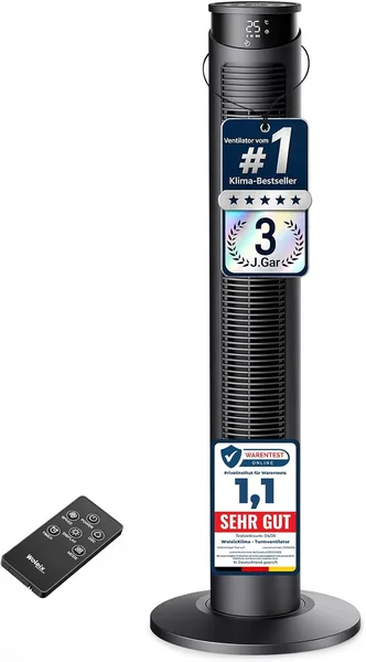 WoleixKlima Stille Turmventilator, 122 cm, Echtzeit-Temperaturanzeige, 8,5 m/s Ventilator mit Fernbedienung, 25 dB