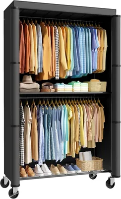 Sakugi Clothes Rail with Cover & Wheels, Black, 90x46x204cm