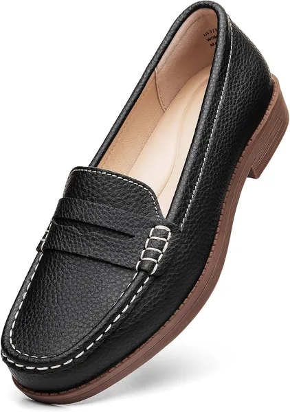 Freeberry Women's Comfortable Leather Penny Loafers Slip On Business Casual Dress Shoes Lightweight Office Work Flats Everyday Walking Shoes for Women