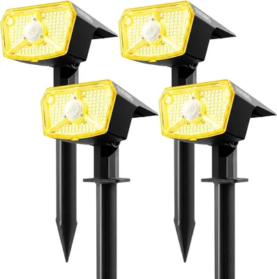 Sunnmo 4x Proiettori Solari LED Esterni con Sensore di Movimento, 104 LED, 3 Modi, Impermeabile IP65, Luce Calda