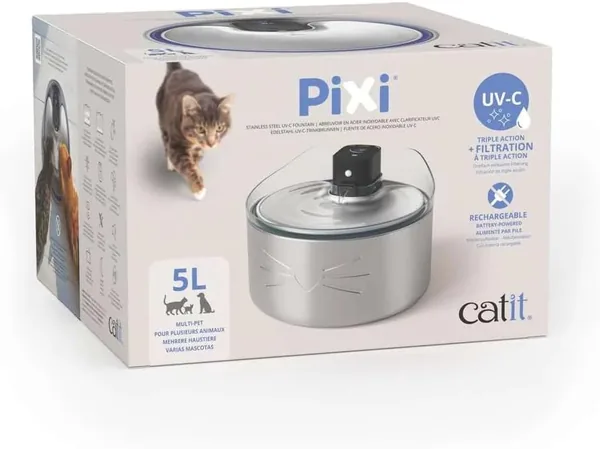 Catit PIXI Fuente de Agua Silenciosa Sin Cable de Acero Inoxidable 5L - 50% de Descuento