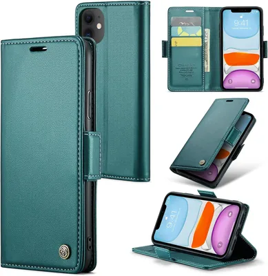 Étui Idhiem iPhone 11 - Housse en cuir PU Premium avec protection RFID, portefeuille avec support et porte-cartes