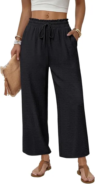 WIHOLL Wide Leg Pants Woman Flowy Palazzo Drawstring Elastic Waist Trousers with Pockets Casual Lounge