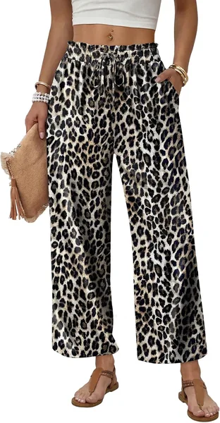 WIHOLL Wide Leg Pants Woman Flowy Palazzo Drawstring Elastic Waist Trousers with Pockets Casual Lounge