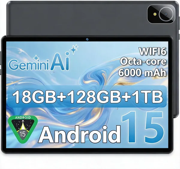 Tableta Android 15 de 10 pulgadas gris, 6GB RAM (hasta 18GB) 128GB, Octa-Core T30, Pantalla IPS 1280x800, Batería 6000mAh, Wi-Fi