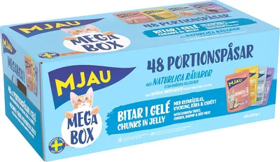 Meow 48x85g Wet Food för kattar Bits i Jelly - Megabox med Regenbogenfisk, Kock, Garnat och Bif. Bulkpack för friska måltider