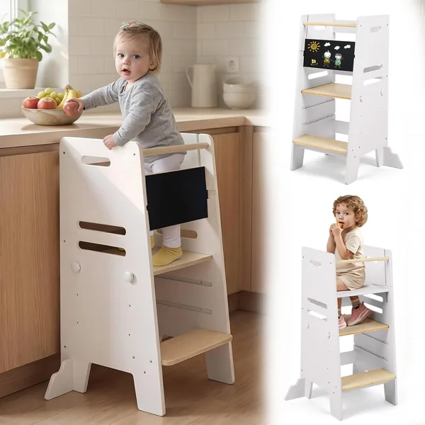 Labebe Montessoriana Tower, Torre di Apprendimento Regolabile con Blackboard e Seduta per Bambini da 1 Anno +, 3-in-1