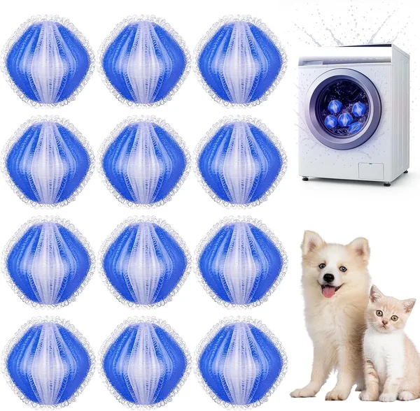Lint Balls for Washing Machine, 12 x Pet Hair Remover Balls Against Dog & Cat Hair, Dust & Lint (Blue)