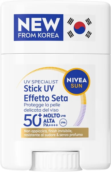 NIVEA SUN UV Face Specialist UV Silk Effect Stick SPF 50+ 15g, 50 Face Sun Stick for On-the-Go Application, Ultra-Light and Invisible Face Sunscreen, Korean Skincare Fragrance Free