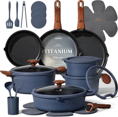 CAROTE Titanium Cookware Set 30pcs Detachable Handle