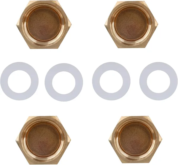 4pcs 1/2 NPT Brass Pipe Cap & 4 Gaskets, External Hexagon 1/2 Inch Brass Compression Cap Fittings Copper Stop Valve Cover for Water Line Faucets Tap Irrigation System