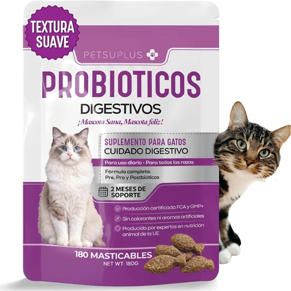 Probióticos PETSUPLUS para gatos - Suplemento digestivo diario con pre, pro y postbióticos - Apoyo digestivo continuo - BA