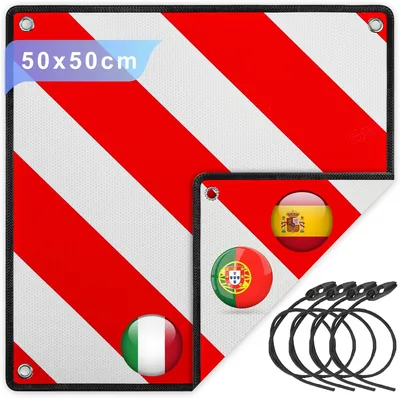 3-in-1 Warnzeichen für Italien, Spanien & Portugal - Reflektierendes Warnzeichen mit 4 x Verstrebungsbändern aus PVC, 50 x 50 cm