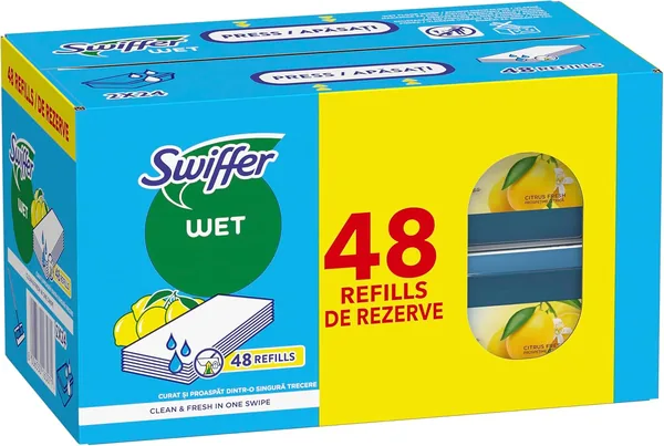 Swiffer Mokre Wkłady do Mopa z Zapachem Cytryny, 48 szt. - Łatwe Czyszczenie Podłóg